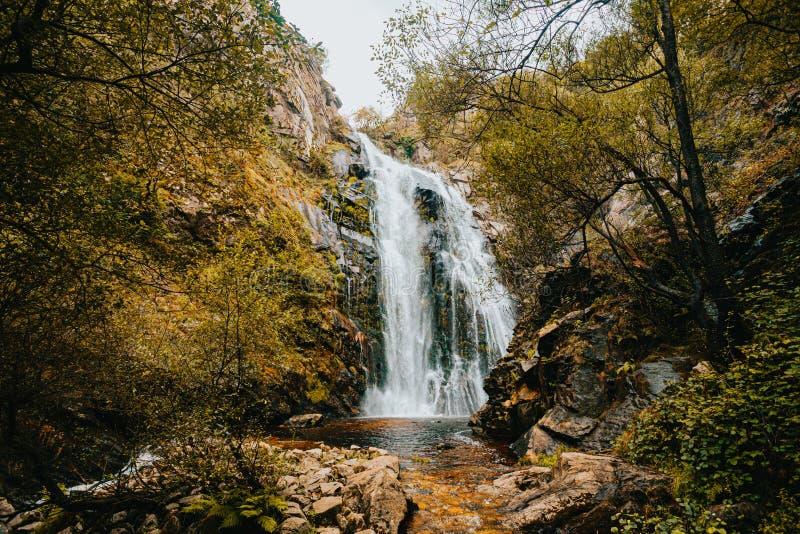 Horizontale Schuss eines riesigen Wasserfalls mitten im Wald stockbilder