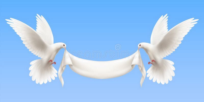 Horizontale Zusammensetzung mit zwei weißen fliegenden Tauben auf dem blauen Hintergrund, der leere weiße Fahne in seinem Schnabel