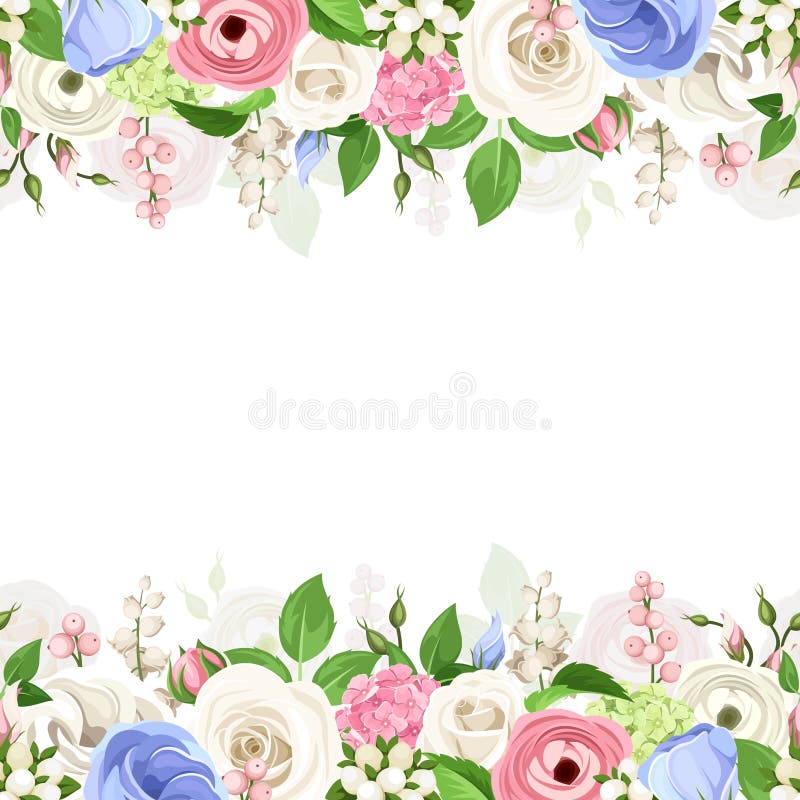 Horizontaler nahtloser Hintergrund mit den rosa, weißen und blauen Blumen Auch im corel abgehobenen Betrag vektor abbildung