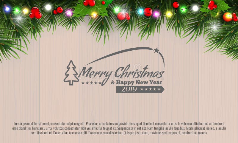Horizontaler Weihnachtsgrenzrahmen mit Tannenzweigen, Kiefernkegeln, Beeren und Lichtern über hölzernem Hintergrund Vektor vektor abbildung Horizontaler Weihnachtsgrenzrahmen mit Tannenzweigen, Kiefernkegeln, Beeren und Lichtern über hölzernem Hintergrund Vektor vektor abbildung