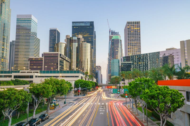 Downtown Los Angeles skyline during rush hour at twilight. Downtown Los Angeles skyline during rush hour at twilight