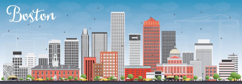 Horizonte de Boston con los edificios grises y rojos y el cielo azul ilustración del vector Horizonte de Boston con los edificios grises y rojos y el cielo azul ilustración del vector