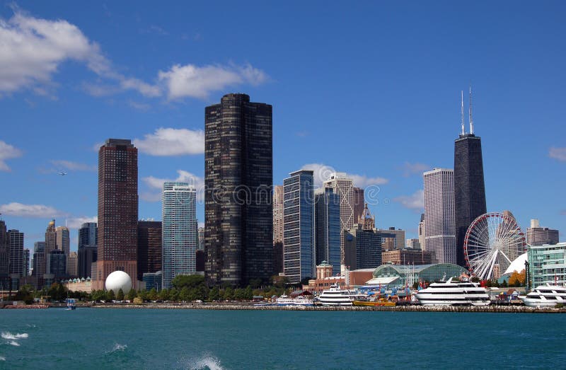 Chicago skyline with Navy Pier from Lake Michigan. Chicago skyline with Navy Pier from Lake Michigan