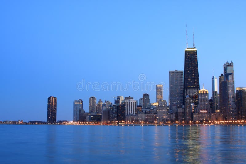 Chicago skyline viewed from the north, at dusk. Chicago skyline viewed from the north, at dusk.