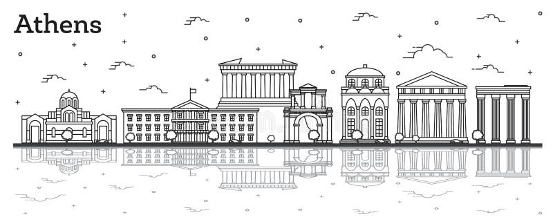 Horizonte de la ciudad de Atenas Grecia del esquema con los edificios históricos y reflexiones aisladas en blanco libre illustration Horizonte de la ciudad de Atenas Grecia del esquema con los edificios históricos y reflexiones aisladas en blanco libre illustration