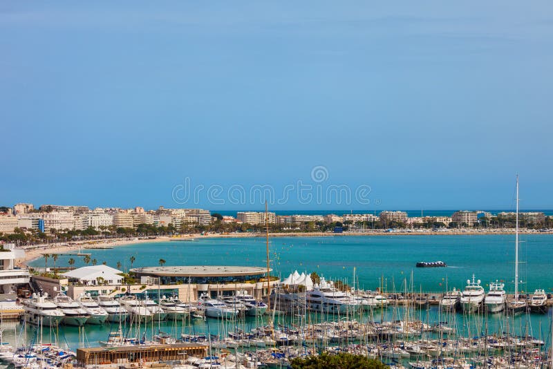 Cannes city skyline in France, view above port on French Riviera at Mediterranen Sea. Cannes city skyline in France, view above port on French Riviera at Mediterranen Sea