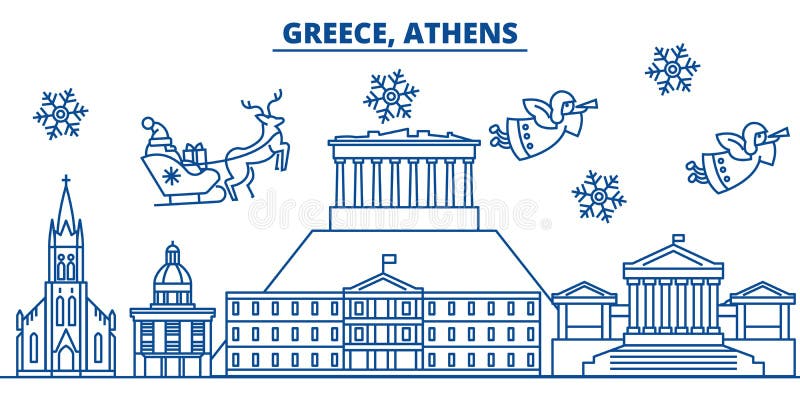 Horizonte de la ciudad del invierno de Grecia, Atenas Feliz Navidad, Feliz Año Nuevo stock de ilustración Horizonte de la ciudad del invierno de Grecia, Atenas Feliz Navidad, Feliz Año Nuevo stock de ilustración