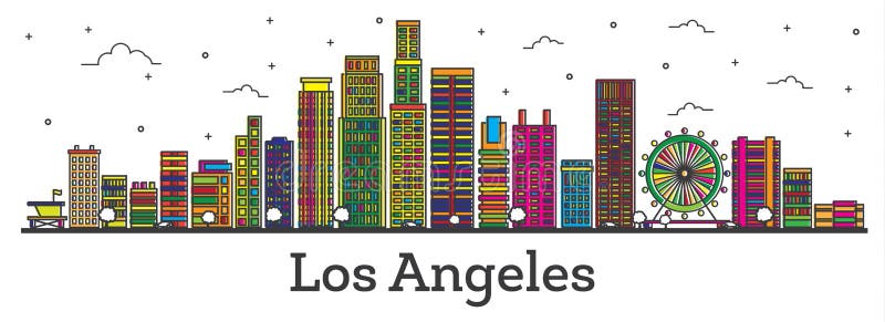 Horizonte de la ciudad de Los Ángeles California del esquema con los edificios del color ilustración del vector Horizonte de la ciudad de Los Ángeles California del esquema con los edificios del color ilustración del vector