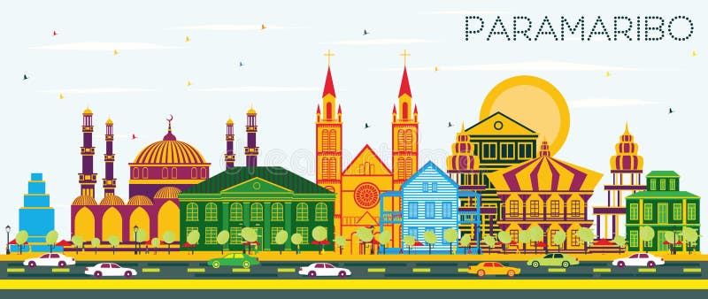 Horizonte de la ciudad de Paramaribo Suriname con los edificios del color y S azul. Horizonte de la ciudad de Paramaribo Suriname con los edificios del color y el cielo azul Ilustración del vector Concepto del viaje de negocios y del turismo con arquitectura moderna Paisaje urbano de Paramaribo con las señales