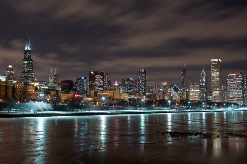 Downtown Chicago Illinois Skyline at Night Time. Downtown Chicago Illinois Skyline at Night Time