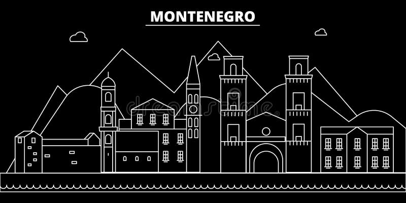 Horizonte de la silueta de Montenegro, ciudad del vector, arquitectura linear montenegrina, edificios Ejemplo del viaje de Monten