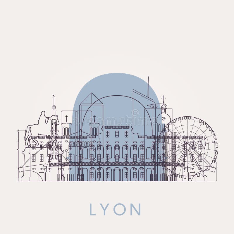 Horizonte del vintage de Lyon del esquema con las señales stock de ilustración Horizonte del vintage de Lyon del esquema con las señales stock de ilustración