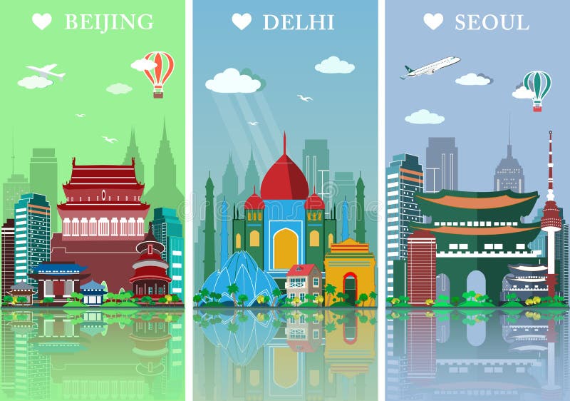 Horizontes de las ciudades fijados Ejemplo plano del vector de los paisajes Los horizontes de las ciudades de Pekín, de Delhi y d ilustración del vector Horizontes de las ciudades fijados Ejemplo plano del vector de los paisajes Los horizontes de las ciudades de Pekín, de Delhi y d ilustración del vector