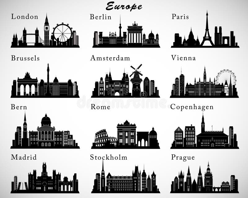 Horizontes europeos de las ciudades fijados Siluetas del vector