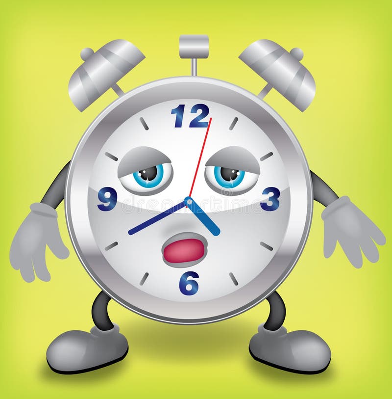Illustration of metal clock with hands, feet and sleepy face. Illustration of metal clock with hands, feet and sleepy face