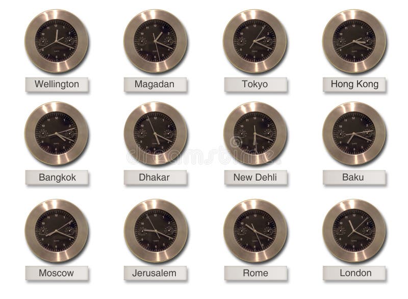 Horloges de fuseau horaire de villes du monde photos stock Horloges de fuseau horaire de villes du monde photos stock
