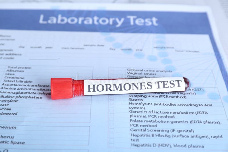 Hormones Test. Sample Tube with Blood on Laboratory Form Stock Image