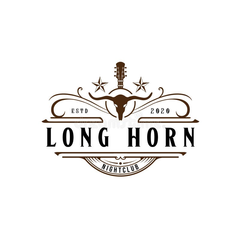 Horn-Saalstangen-Cowboylogoentwurf der Landgitarrenmusikwestweinlese Retro- langer