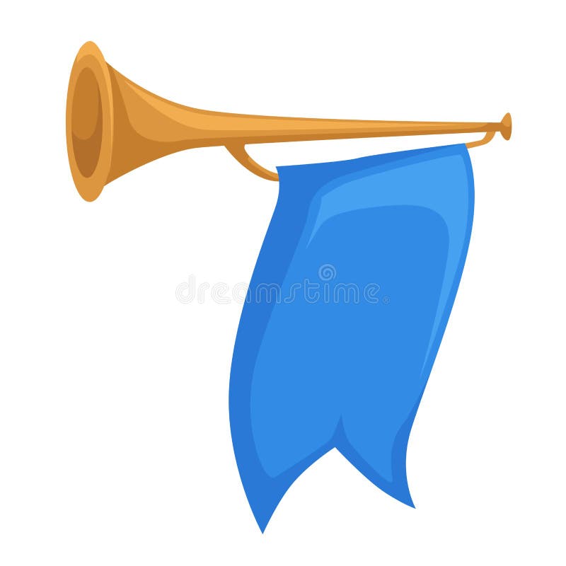 Horn or trumpet with flag royal kingdom attribute pipe isolated object vector illustration Horn or trumpet with flag royal kingdom attribute pipe isolated object vector illustration