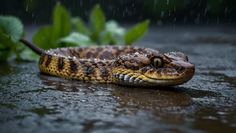 Horned Viper Coiled Among Blooming Desert Flowers, Creating a Striking Contrast with Flora vector illustration