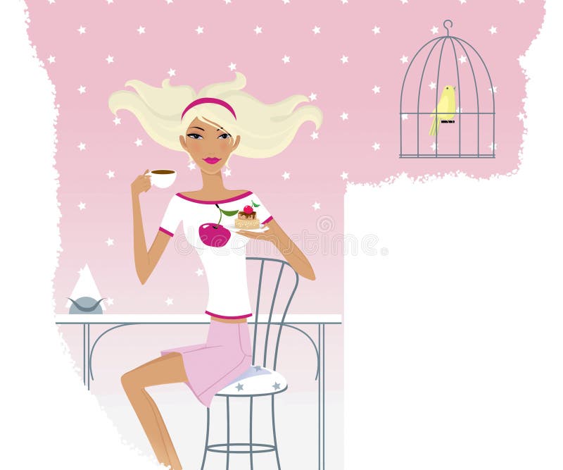 Horoscope chic ladies. Taurus girl at a table in a cafe. Canary in a cage vector illustration Horoscope chic ladies. Taurus girl at a table in a cafe. Canary in a cage vector illustration