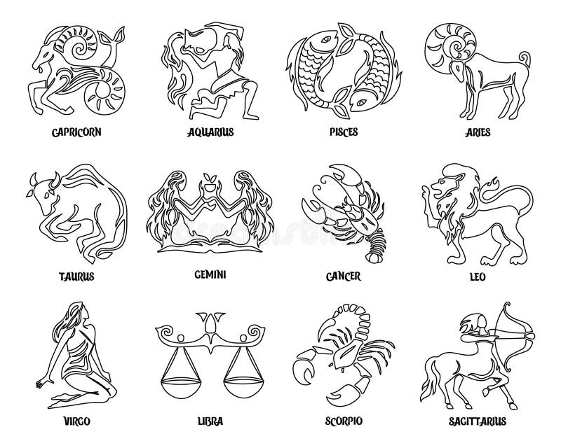 Horoscope Set of Zodiac Signs, Contour Drawings. Astrological Icons ...