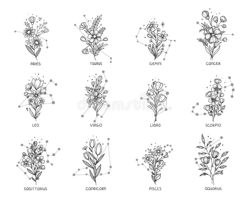 Horoscope Tattoo Flowers Icons Set Outline, Hand Drawn Vector. Zodiac  Doodle Astrology Stock Vector - Illustration of flower, white: 226238474