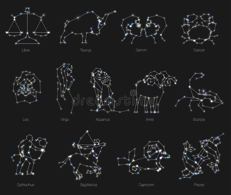 Horoskopet alla zodiakdjur i konstellation bildar med linjen och stjärnor vektor illustrationer Horoskopet alla zodiakdjur i konstellation bildar med linjen och stjärnor vektor illustrationer
