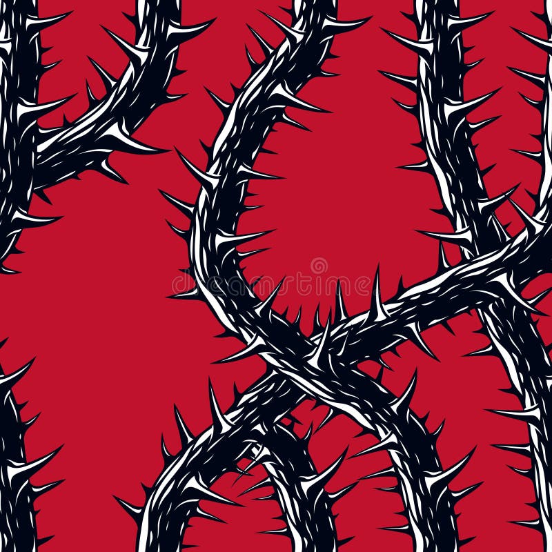 Horror art style seamless pattern, vector background. Blackthorn branches with thorns stylish endless illustration. Hard Rock and