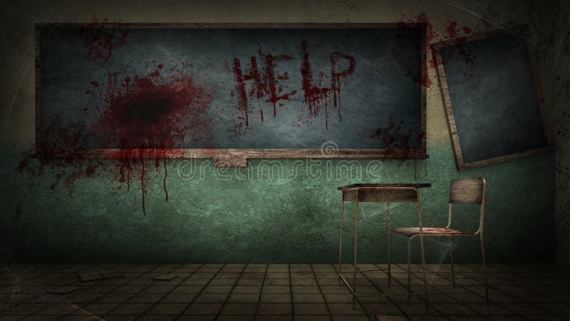 Horror and Creepy Classroom in the School with Text Help Blood. 3D  Rendering Stock Illustration - Illustration of hall, corridor: 160093797