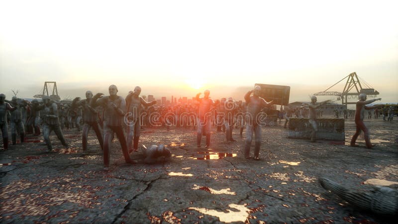 Horror Zombie Crowd Walking. Destroyed City. Apocalypse View, Concept