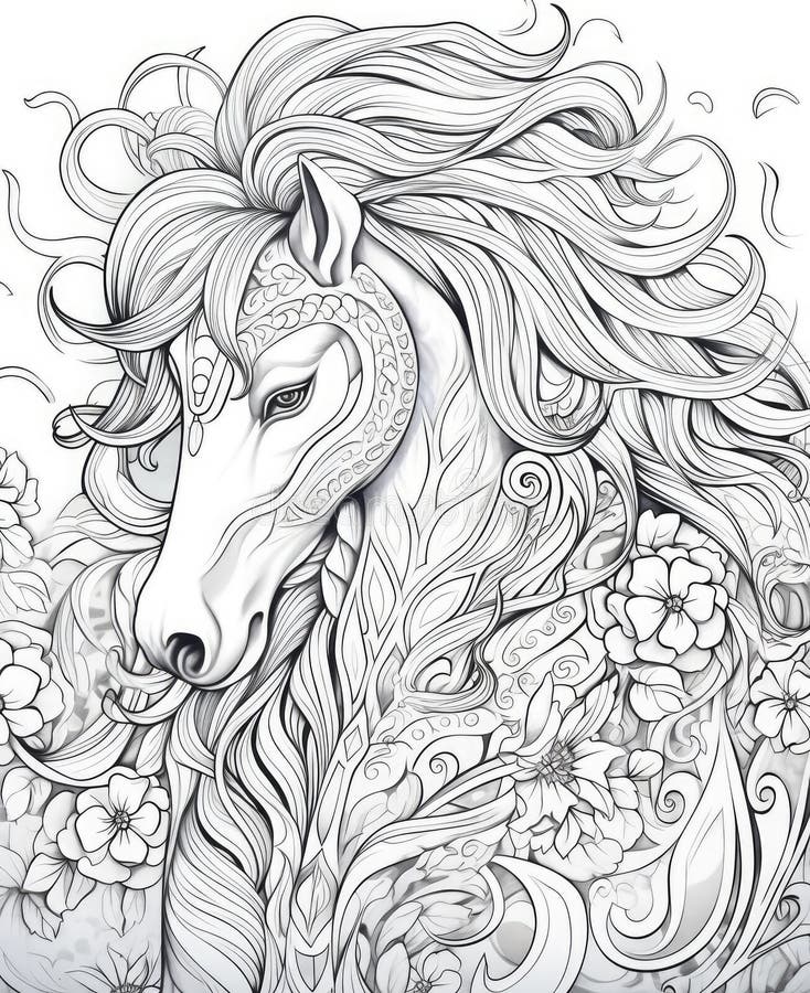 Horse Head Adult Coloring Page Stock Illustrations – 266 Horse Head ...