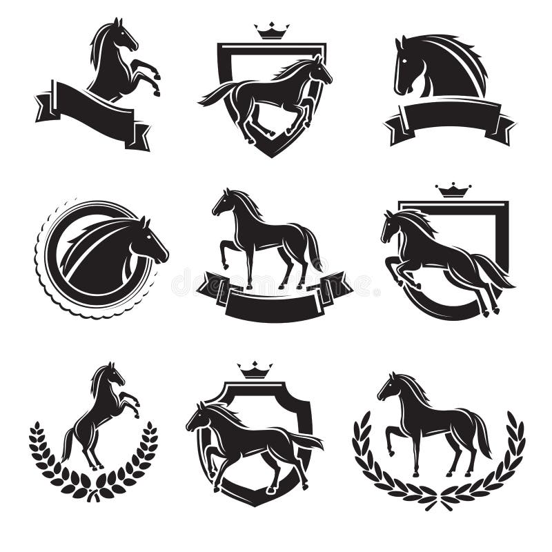 Horse Racing Colorful Logo Label Set Isolated on White Stock Vector