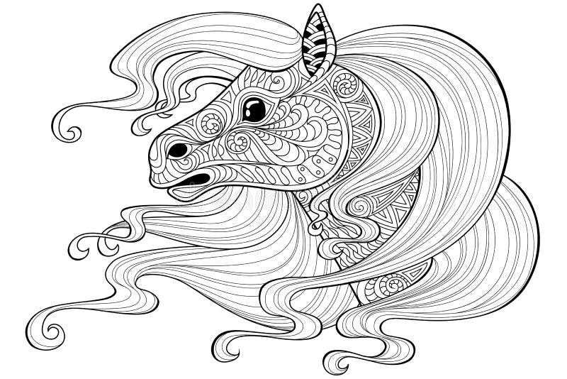 Horse with Long Hair.Tattoo or Adult Antistress Coloring Page Stock ...