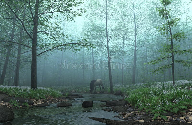 Horse in a Misty Forest