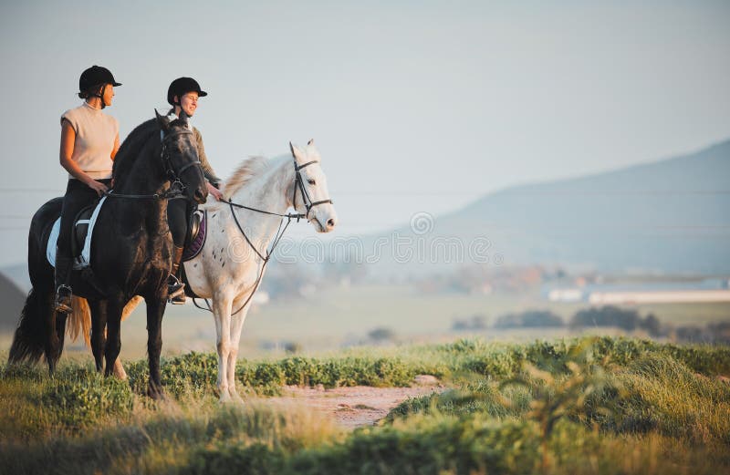 Horse riding, freedom and view with friends in nature on horseback enjoying their hobby during a summer morning