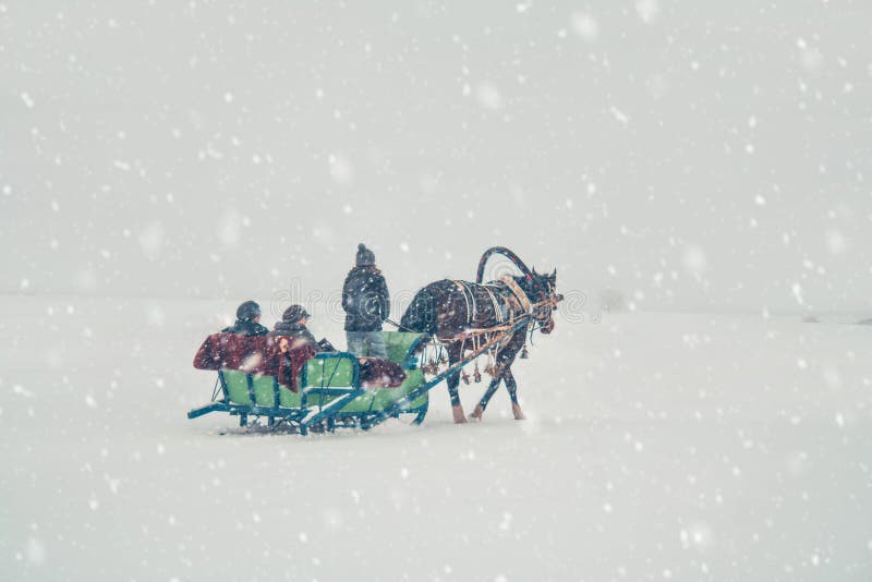 Trineo tirado por caballos conducir a través de la nieve.