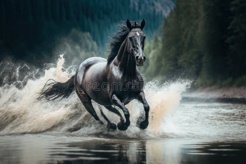 Horse Runs through the Water with Many Big Splashes. AI Generative Stock Image Image of