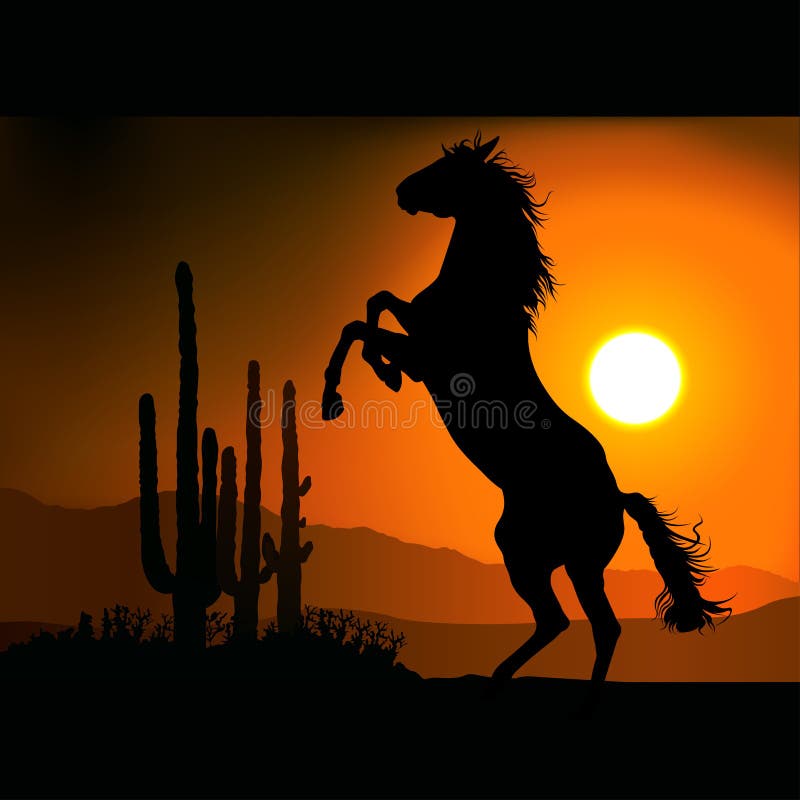 Un caballo silueta ilustraciones atardecer.
