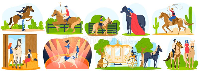 Horse sport race vector illustration set, cartoon flat animal horsy collection with horse jockey ride, circus performers