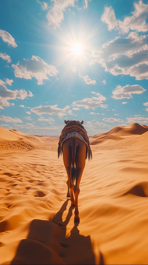 A horse walking across a sand dune in the desert royalty free stock image