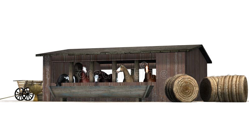 Horses in barn - isolated on white background