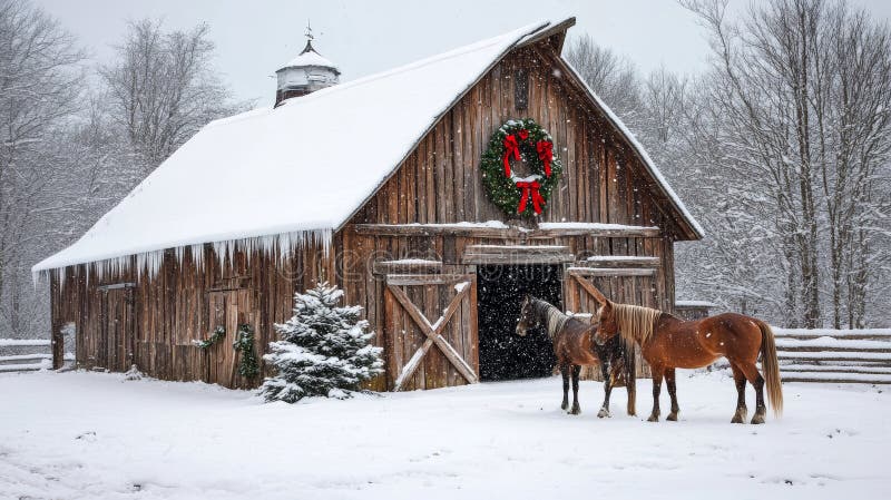 Horses in front of an old snow covered wooden barn with a christmas wreath.