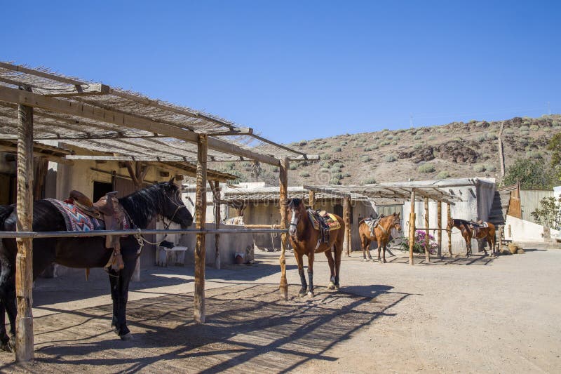 Horses in a western-style stable at Sioux City Park, San Agustin, Gran Canaria. Saddled and ready for riding. Clear blue sky and rustic setting. Stable rustic style stock images, royalty-free photos and pictures