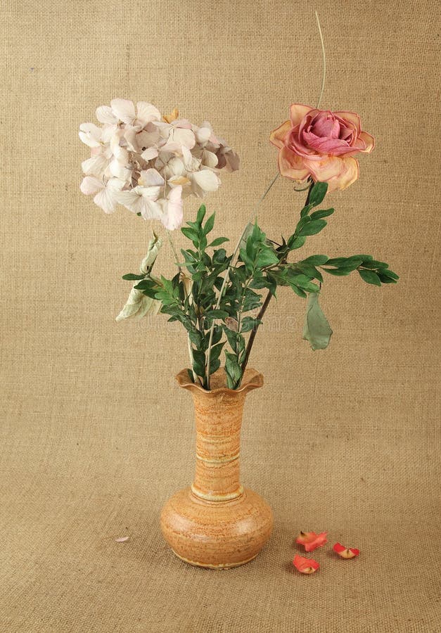 hortensia and rose in vase