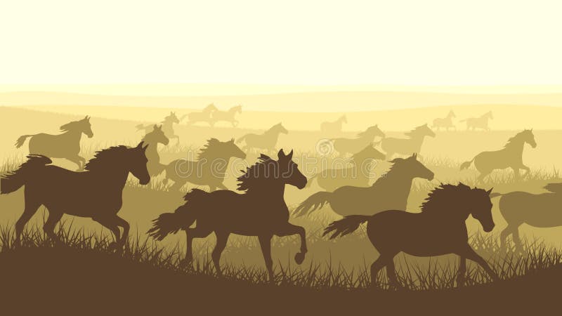 Horizontal vector illustration: silhouette herd of horses galloping across the meadows. Horizontal vector illustration: silhouette herd of horses galloping across the meadows.