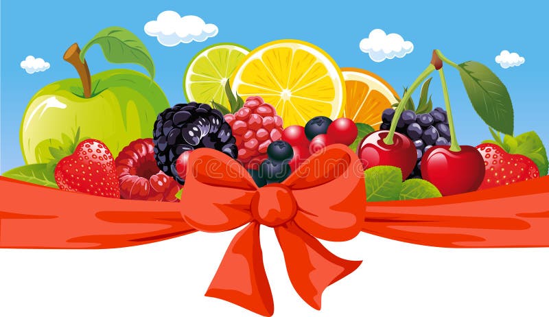 Vector horizontal design with fruit, bow and blue sky. Vector horizontal design with fruit, bow and blue sky