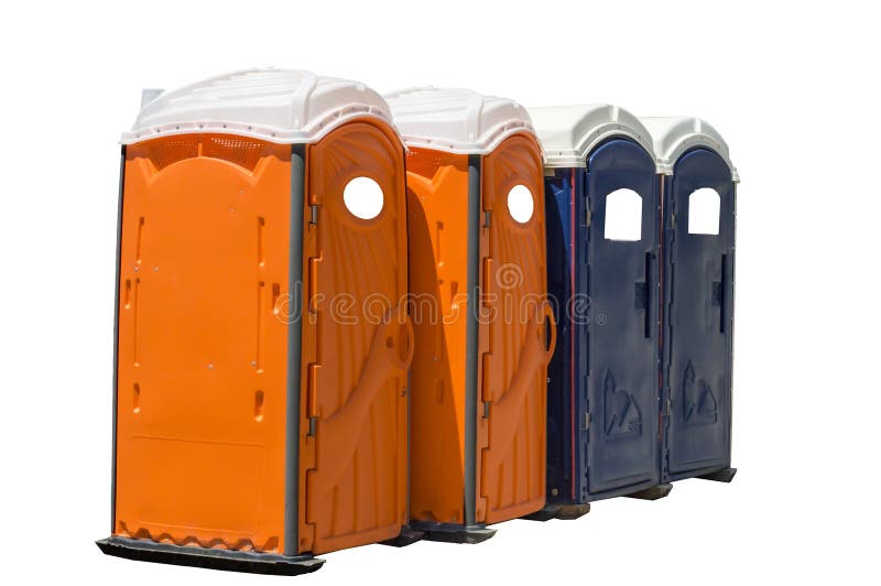 Horizontal Shot of Four Bright Colored Portable Potties. Two are orange and two are dark blue. Isolated on white. Horizontal Shot of Four Bright Colored Portable Potties. Two are orange and two are dark blue. Isolated on white.