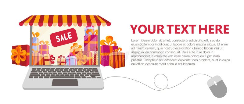 Horyzontalny sztandar z prezentów pudełek sprzedażą wśrodku Laptop dekorujący jako sklepowy okno z pasiastym baldachimem, markiza ilustracji