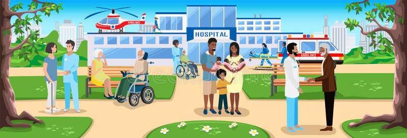 Doctors and patients, ambulance and medical helicopter in front of modern hospital building stock illustration